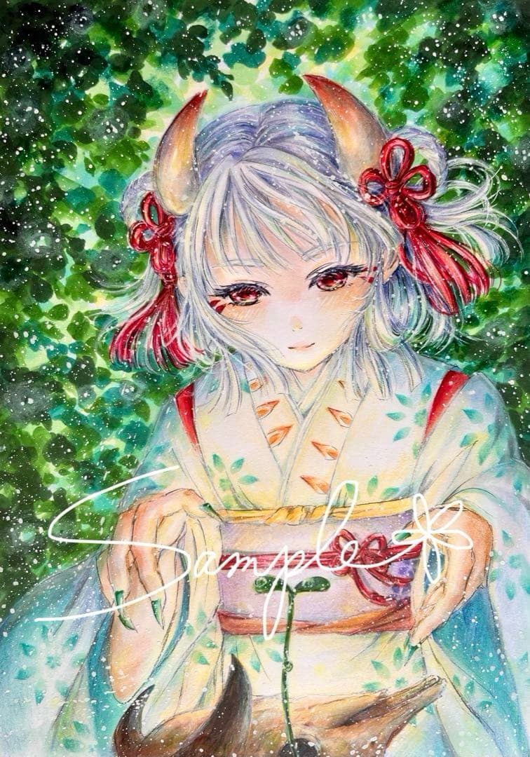 手描き イラスト オリジナル 原画 鬼姫 牛骨 萌芽