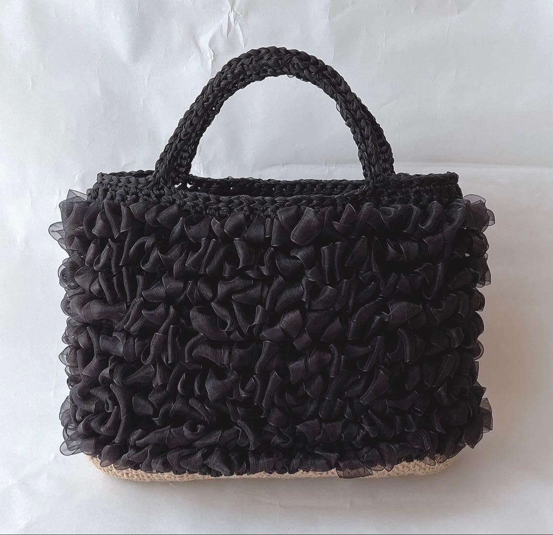 ぐれ ブラック 麻紐フリルバッグ ♪ ハンドメイド