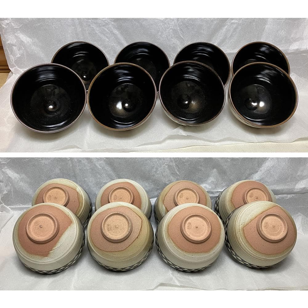 F1350 平安 松峰 鱗 数茶碗 8客 共箱 抹茶碗 茶道具
