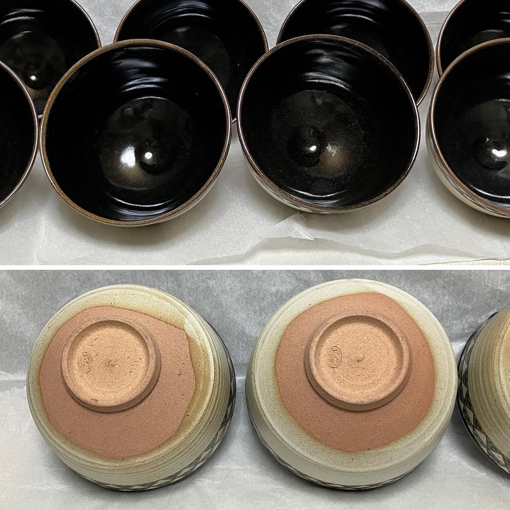 F1350 平安 松峰 鱗 数茶碗 8客 共箱 抹茶碗 茶道具