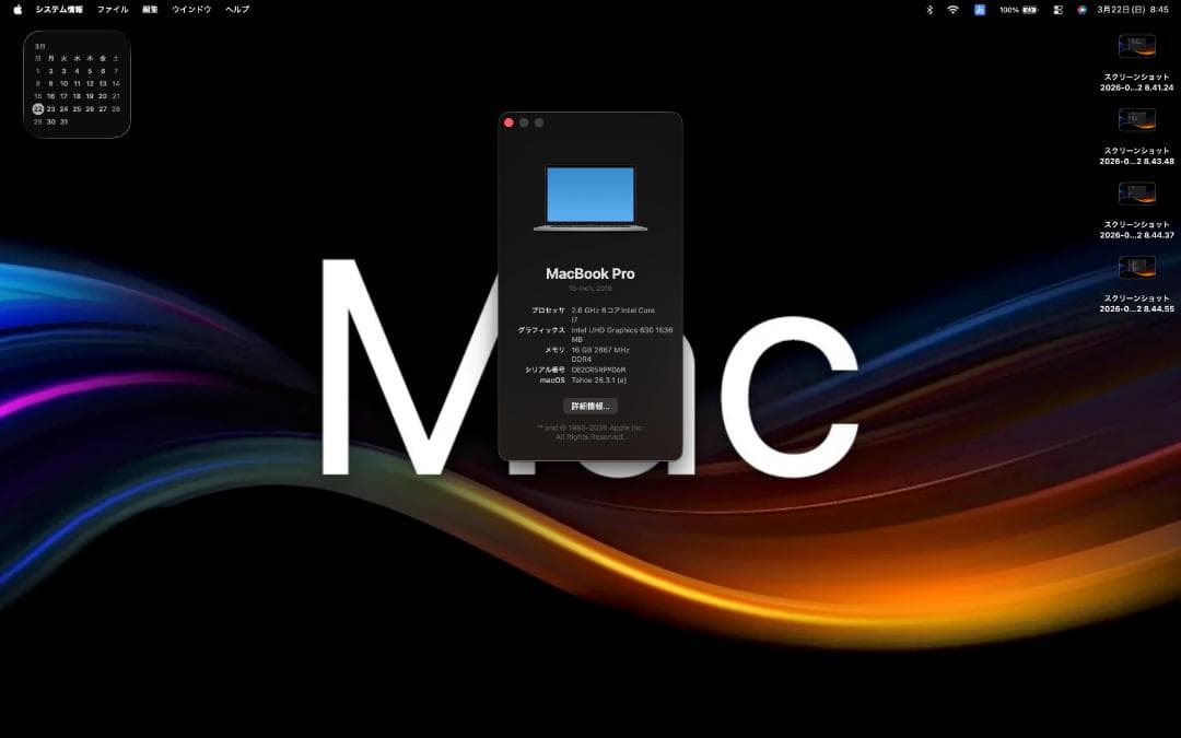 Macbook Pro 16インチ 2019 A2141 バッテリー良好