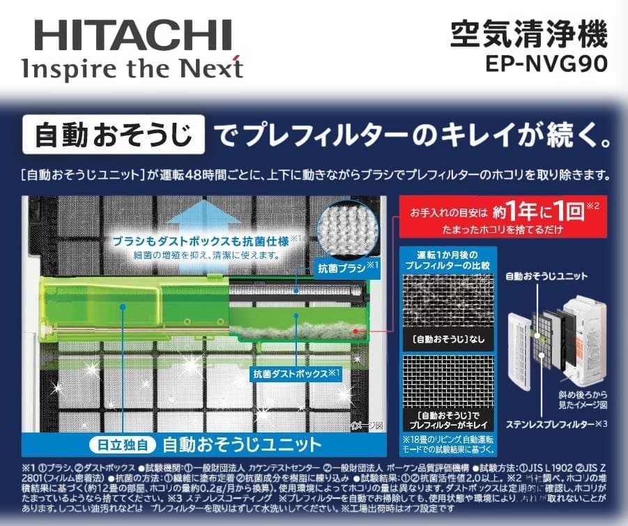 日立 HITACHI 加湿空気清浄機（EP-NVG90）ホワイト