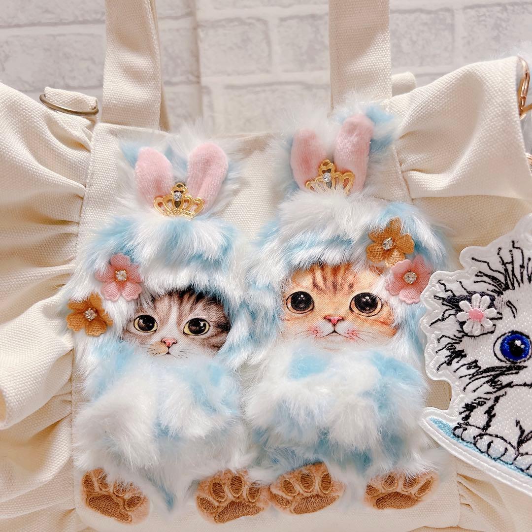 コヤンイサムチョン フリルトートバッグ 猫 帆布 アイボリー 2ニャンコ