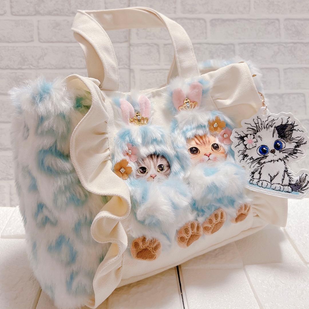 コヤンイサムチョン フリルトートバッグ 猫 帆布 アイボリー 2ニャンコ