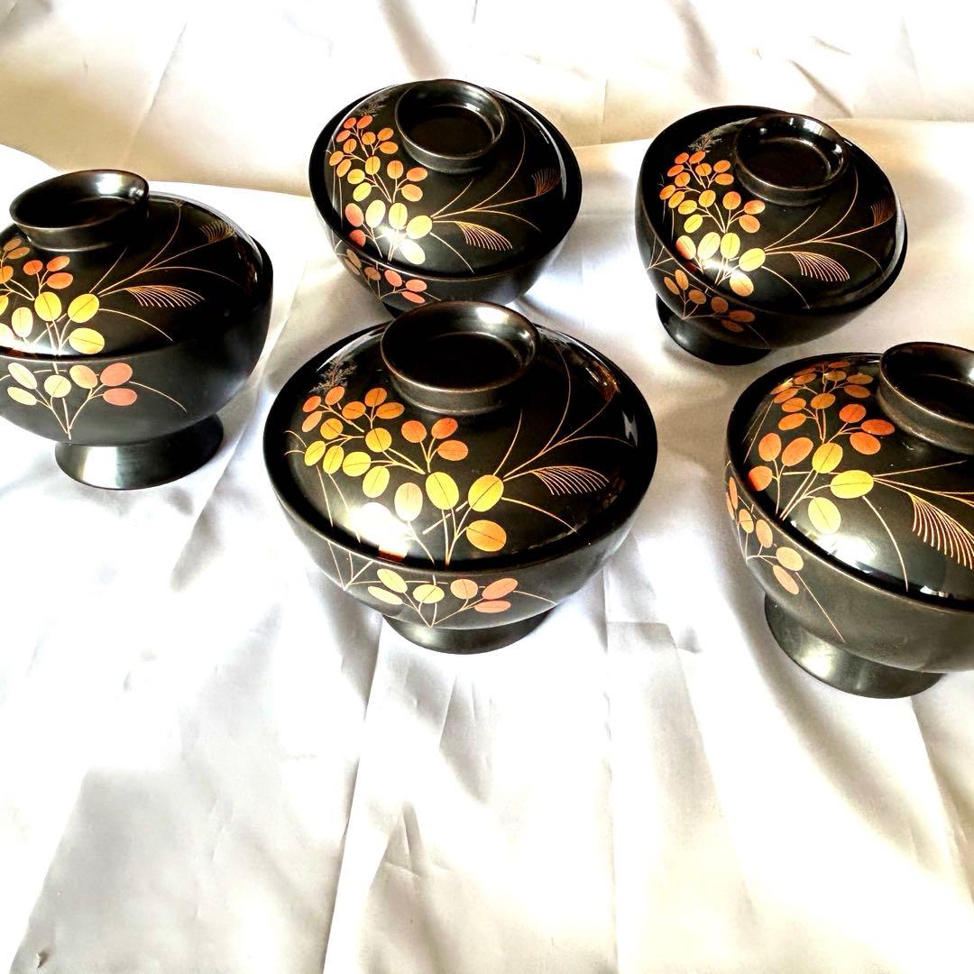 輪島塗 吸物椀 5客 蒔絵 南天文 黒漆 蓋付 懐石 茶道 正月 漆器 直径12