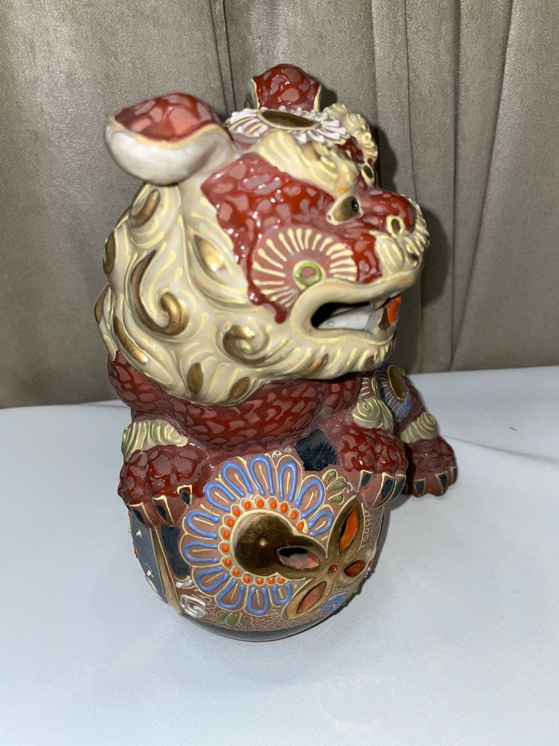 36cm 九谷焼 年代物 ヴィンテージ 玉乗り獅子 置物 陶器 シーサー 縁起物