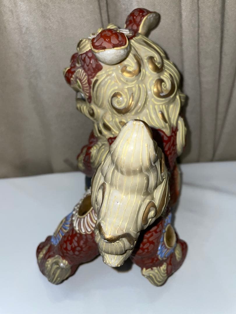 36cm 九谷焼 年代物 ヴィンテージ 玉乗り獅子 置物 陶器 シーサー 縁起物