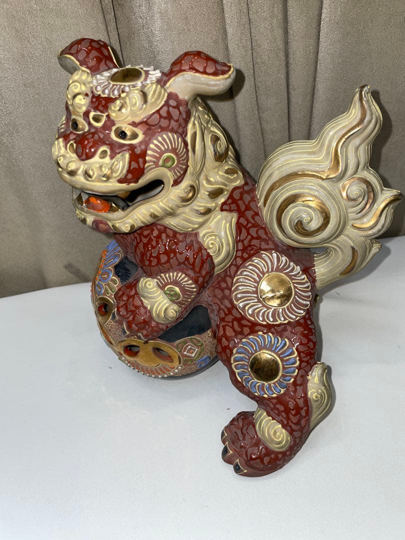 36cm 九谷焼 年代物 ヴィンテージ 玉乗り獅子 置物 陶器 シーサー 縁起物
