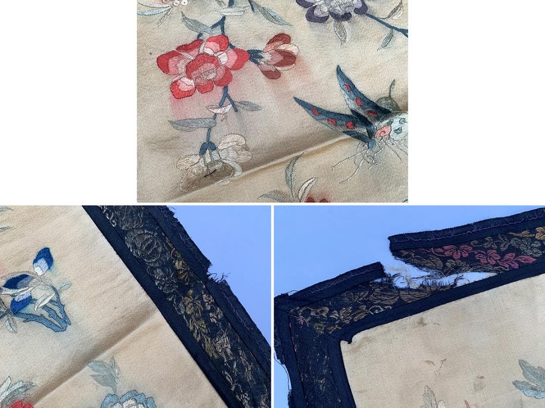 【繍】　★ 織繍 白色緞地花蝶紋繍片 ★　清朝期　花卉 胡蝶 刺繍文様　明清繍品