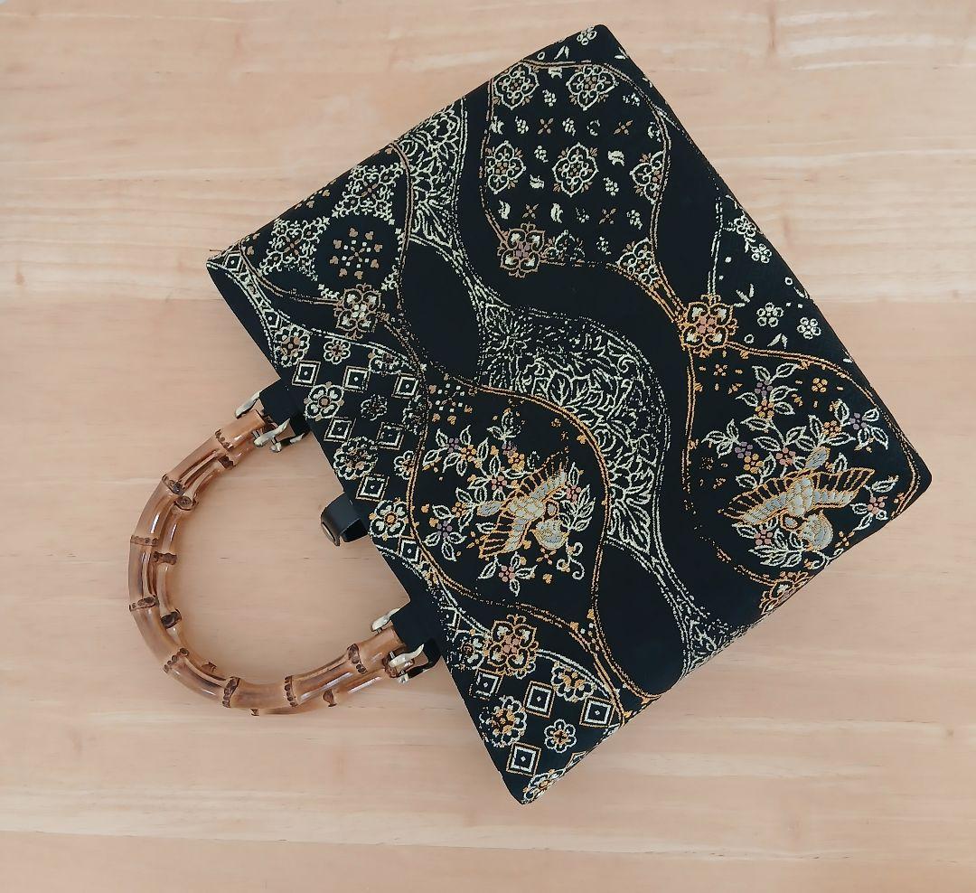 帯リメイク★ハンドメイドトートバッグ★黒地に平脱 花喰い鳥、立湧　正絹袋帯