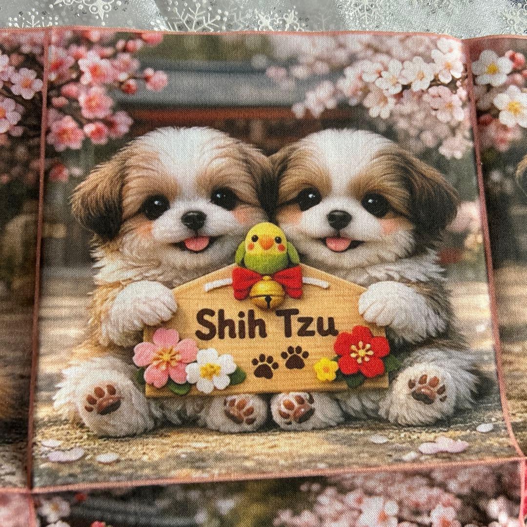 オーダー受付　桜と絵馬　犬猫柄パネル生地　ハンカチ巾着ポーチ