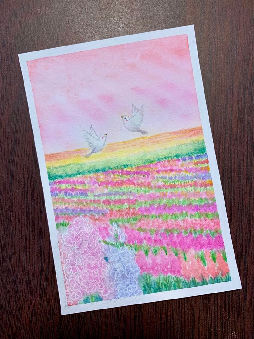 みみ水彩画 ストック畑の春　値段は※900円です