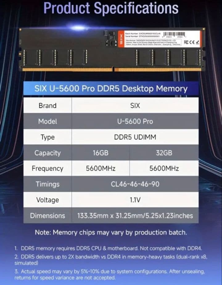 新品 DDR5 RAM 32GB UDIMMメモリーSIX U 5600 PRO