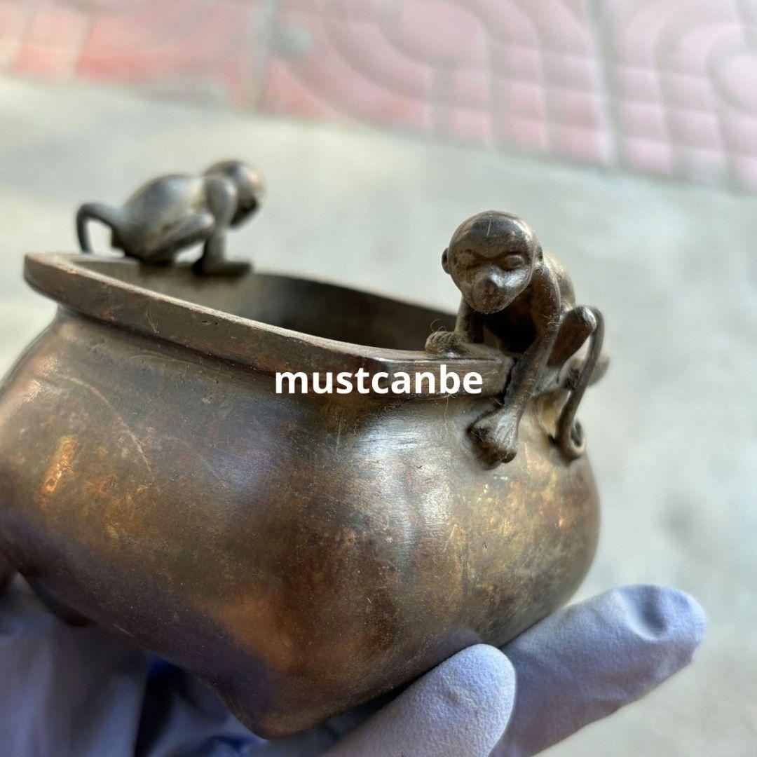 銅製 四足双猿耳香炉 挿し香炉 仏具 香道具 装飾品 工芸品 置物