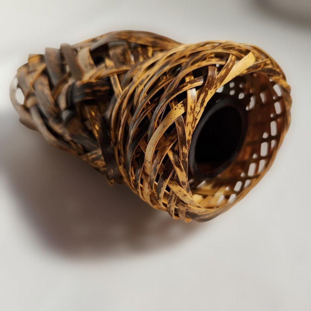 未使用品 掛け花籠 虎斑竹 セミ形 虎竹 落とし付き 茶道具 竹細工