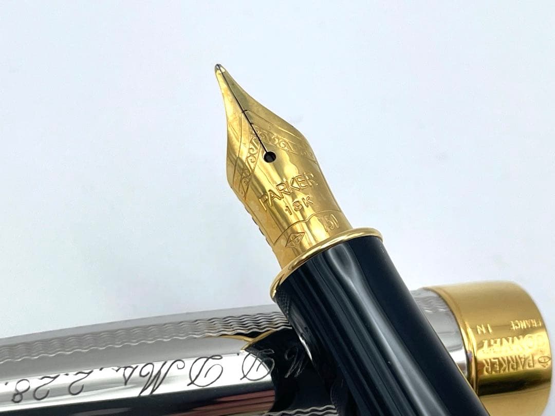 【S】美品PARKER 万年筆 ペン先18K ボールペン シルバー系 ネーム入り