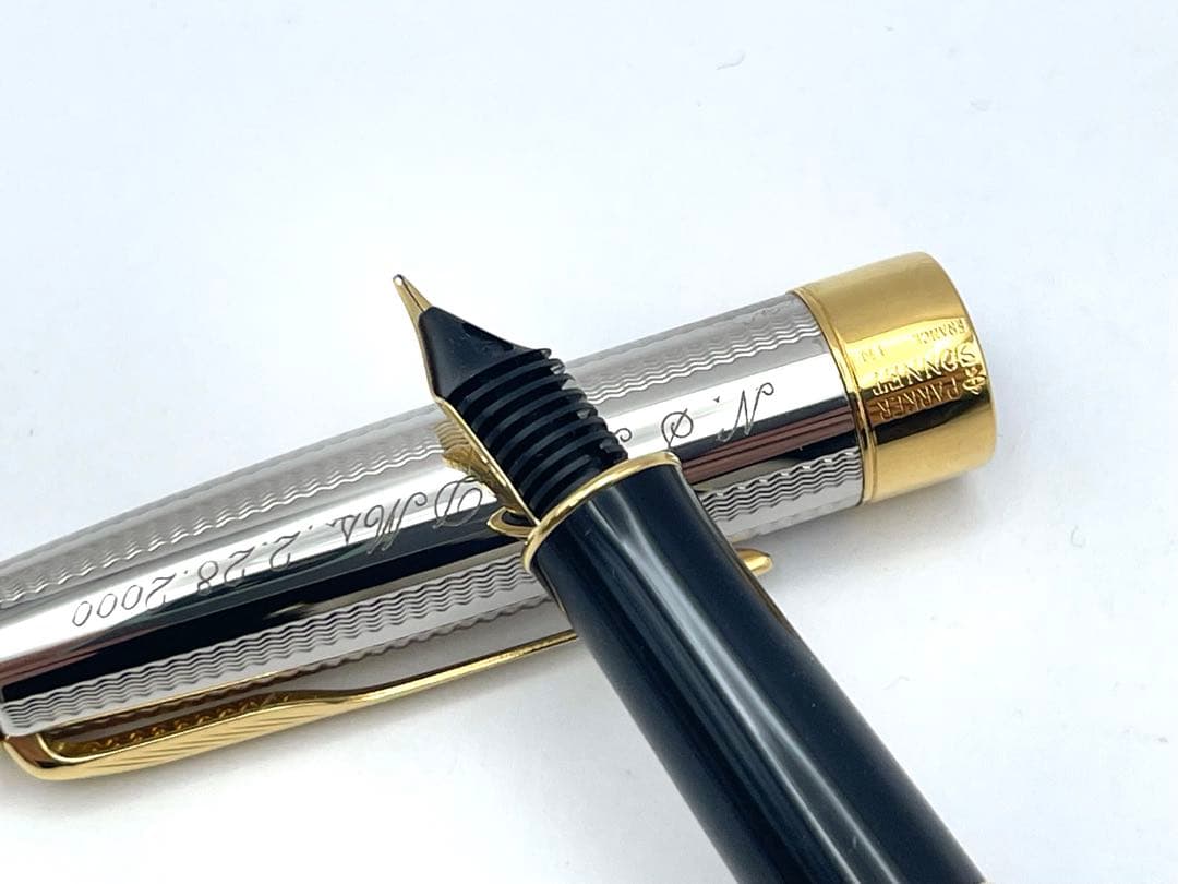 【S】美品PARKER 万年筆 ペン先18K ボールペン シルバー系 ネーム入り