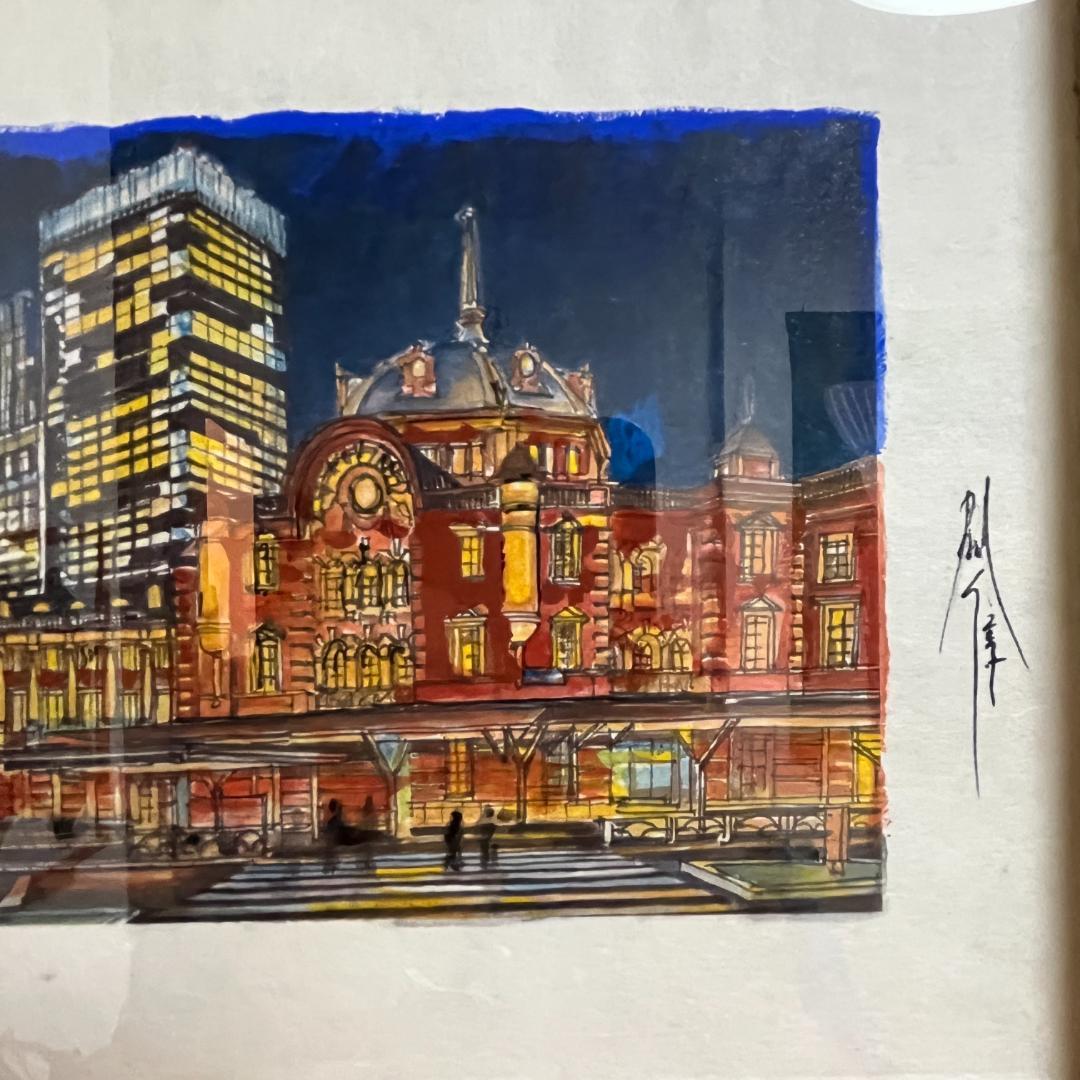 東京駅の夜景 アクリル画（木枠入り）