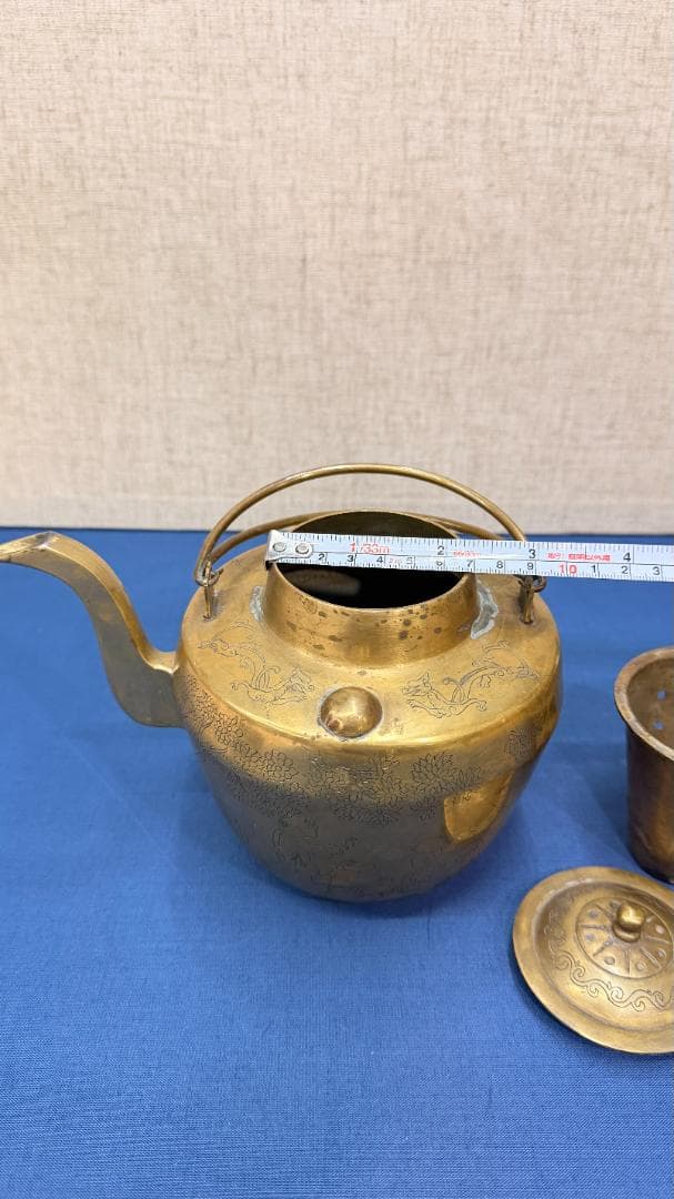 古銅 煎茶急須 内筒付 遊戯図彫刻 一点物骨董 実用可 コレクション茶道具に美品