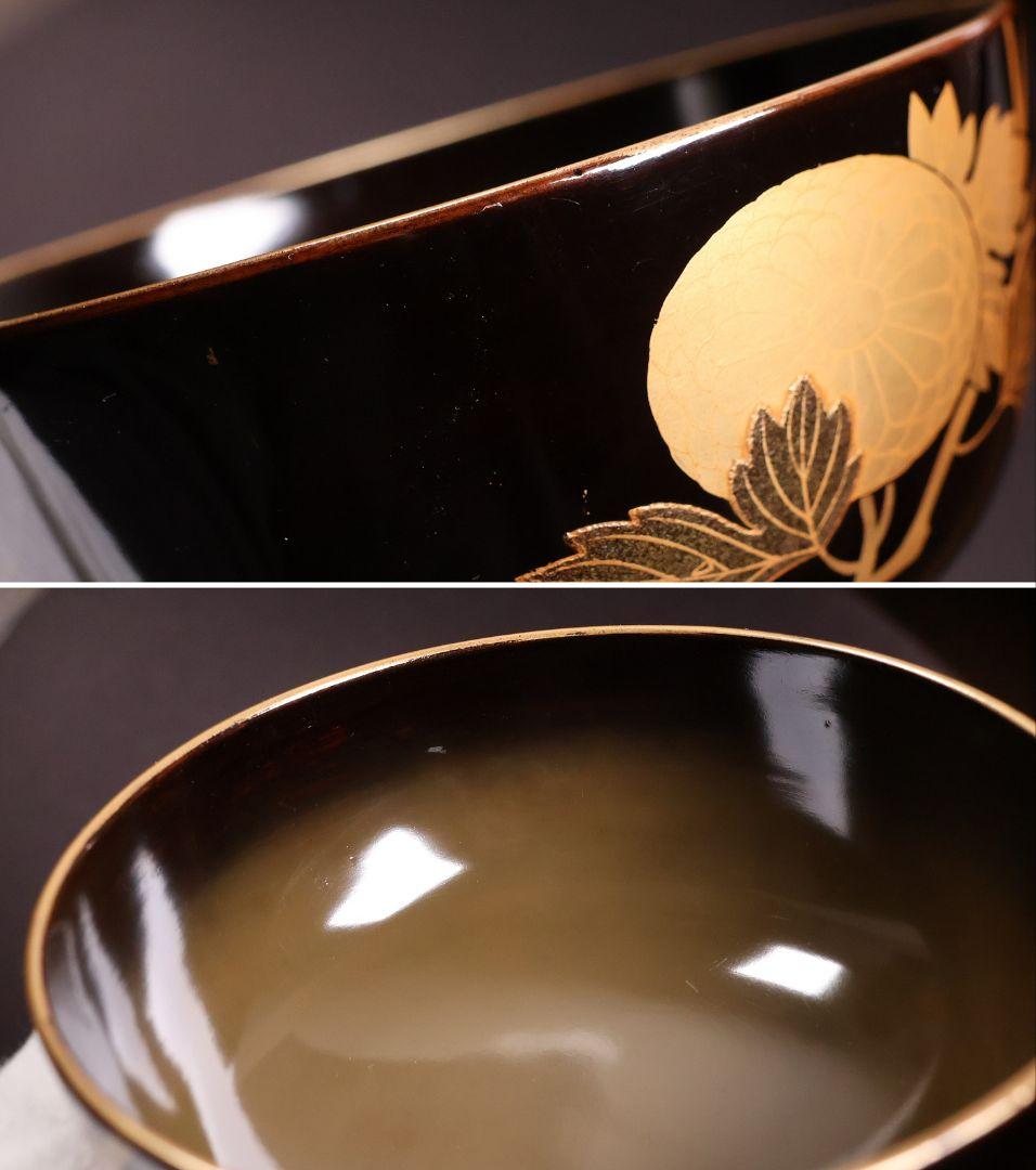 【CM455】天然木漆塗 丸菊金蒔絵 黒塗椀 二客 大正昭和 梨地 木製漆器