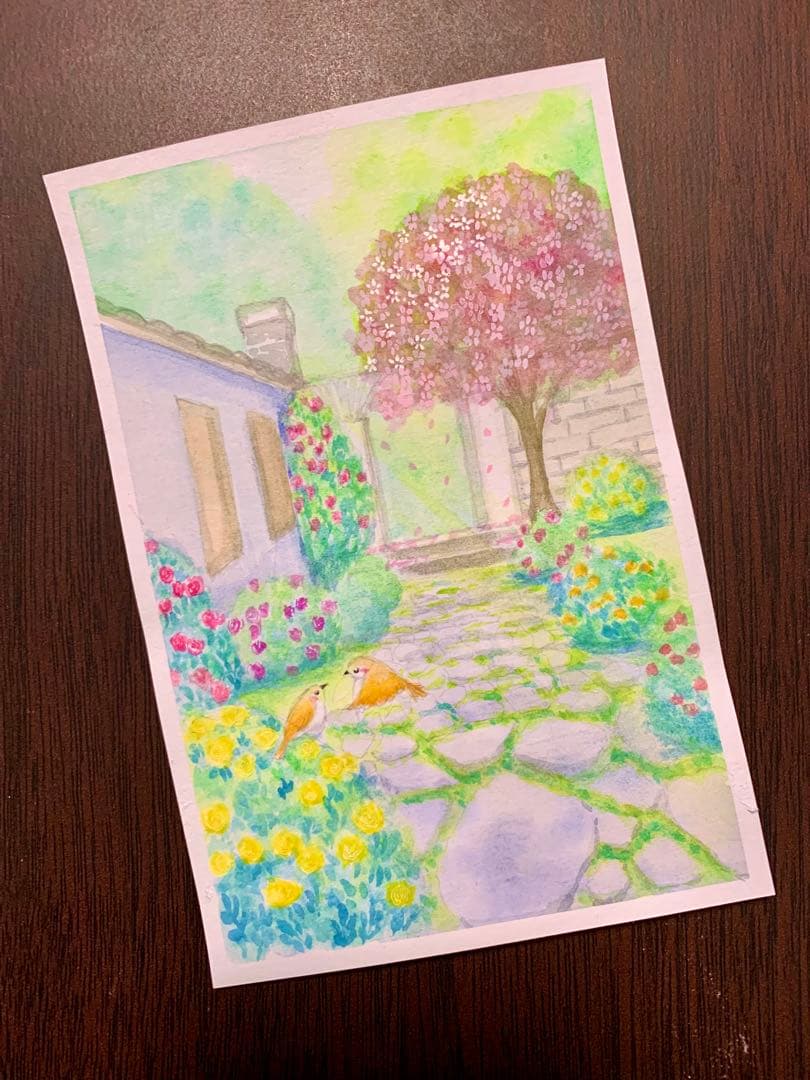 水彩画 春の中庭　値段は※900円です