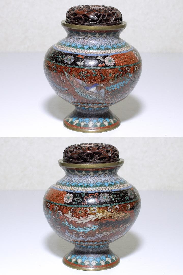 明治 尾張 本多興三郎 鳳凰花蝶図 茶金石釉地有線七宝香炉 紫檀透し彫り火屋付き
