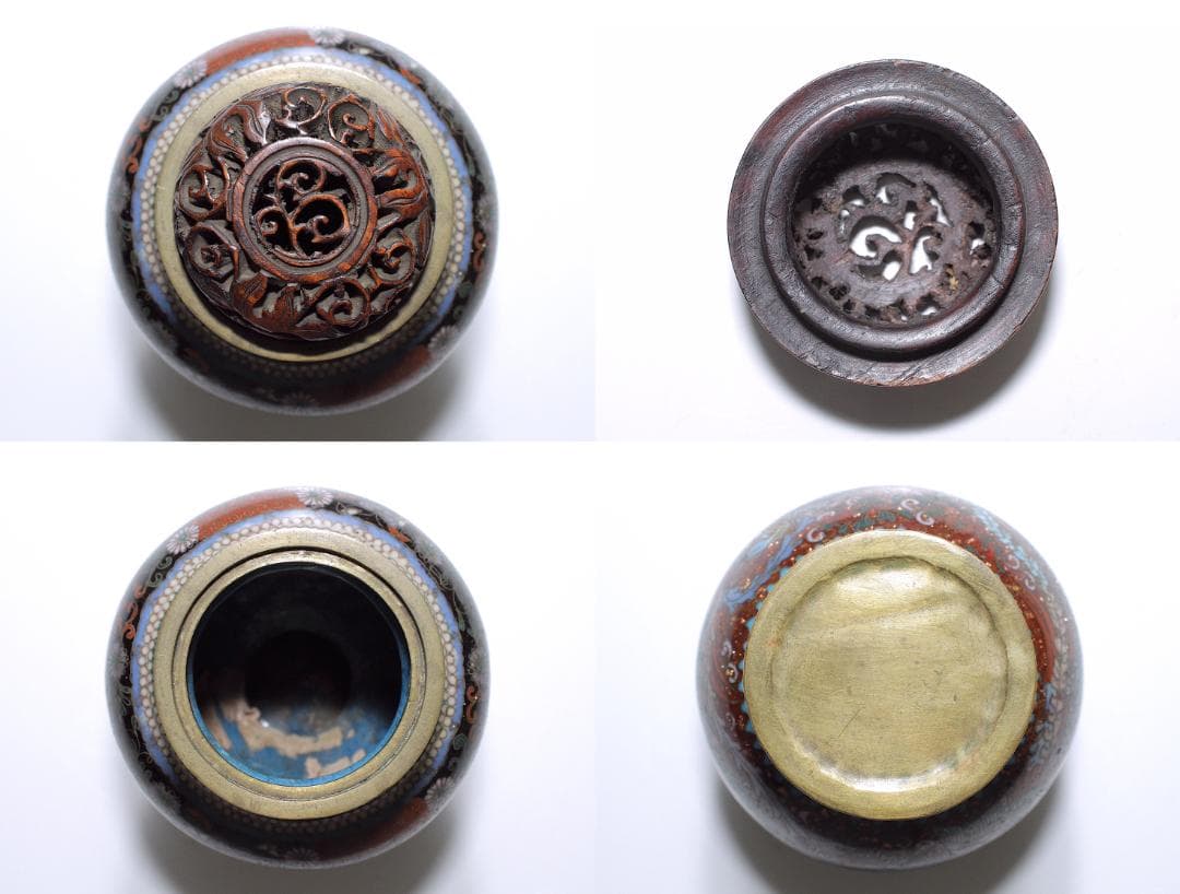 明治 尾張 本多興三郎 鳳凰花蝶図 茶金石釉地有線七宝香炉 紫檀透し彫り火屋付き
