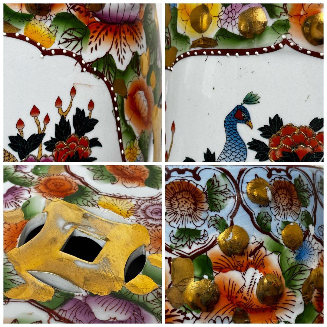 【貴重】九谷焼 椅子 九谷陶器椅子 陶器 花鳥図 孔雀 細密画 色絵 豪華絢爛