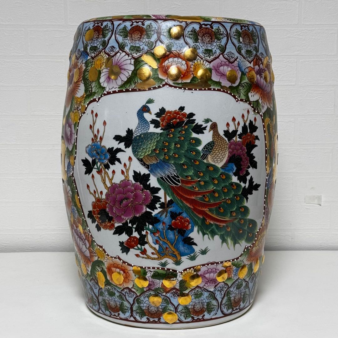 【貴重】九谷焼 椅子 九谷陶器椅子 陶器 花鳥図 孔雀 細密画 色絵 豪華絢爛