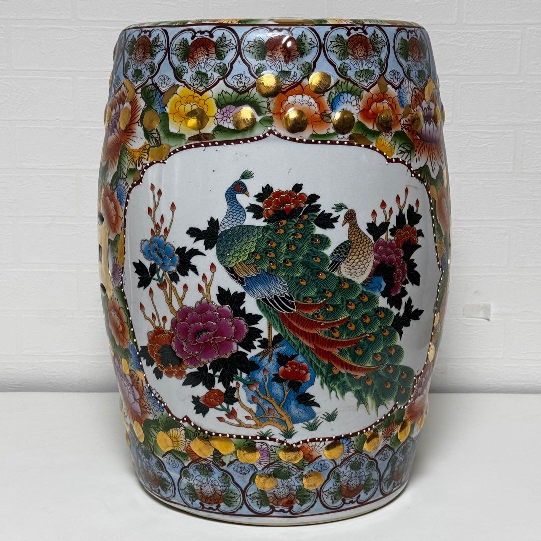 【貴重】九谷焼 椅子 九谷陶器椅子 陶器 花鳥図 孔雀 細密画 色絵 豪華絢爛