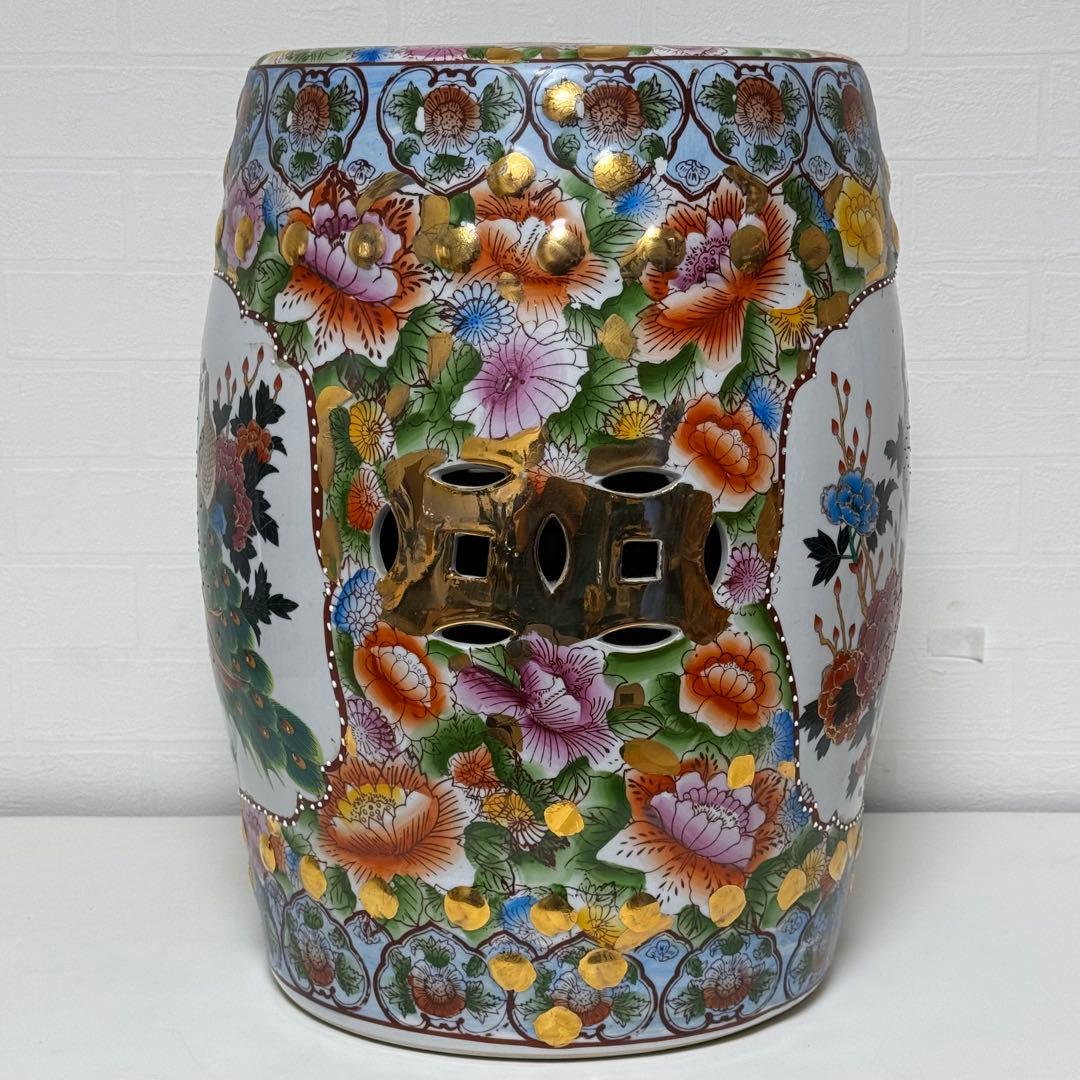 【貴重】九谷焼 椅子 九谷陶器椅子 陶器 花鳥図 孔雀 細密画 色絵 豪華絢爛