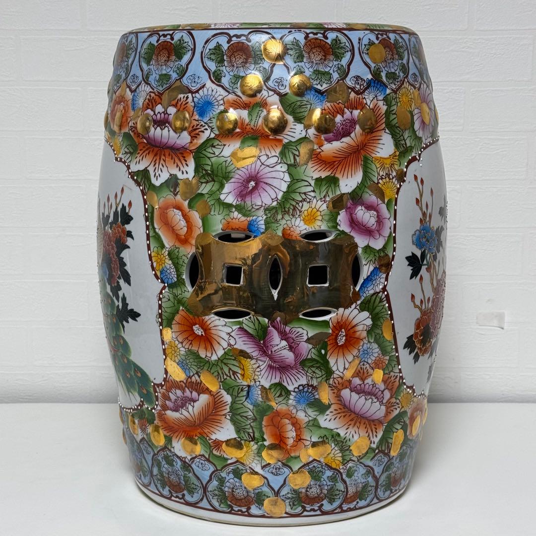 【貴重】九谷焼 椅子 九谷陶器椅子 陶器 花鳥図 孔雀 細密画 色絵 豪華絢爛