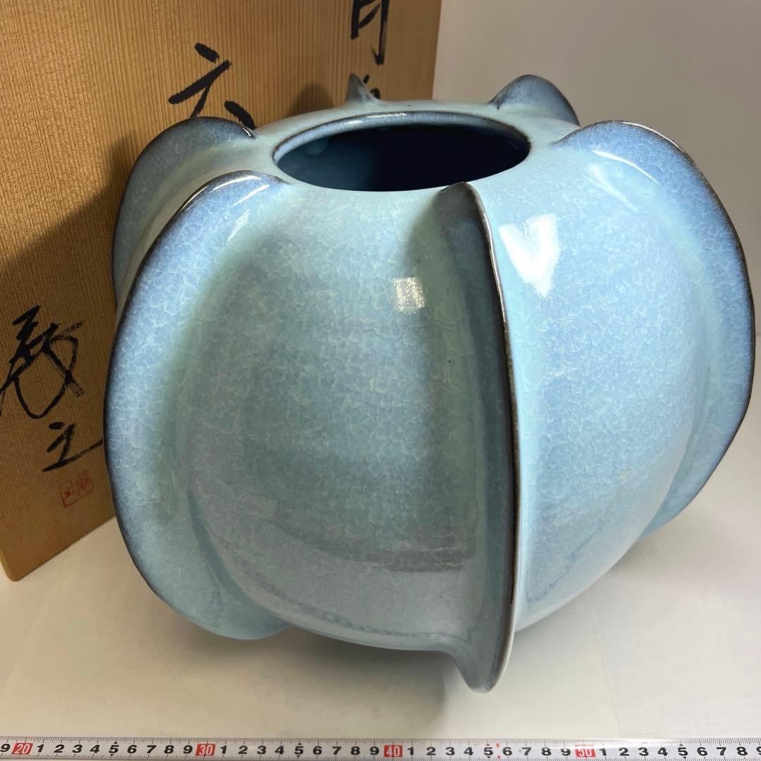 木村展之　月白釣窯六稜壺　共箱　最大幅約35㎝　東Y8-0324②タトオ