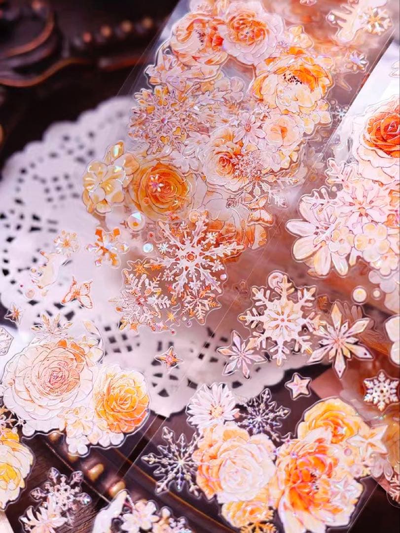 【9572】海外6m巻　貝殻光カッティングマスキングテープ　お花装飾系　オレンジ