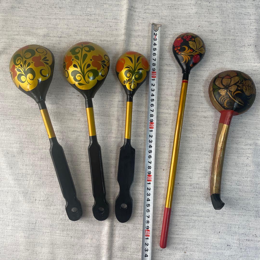 【値下げ】ロシア　伝統民芸品　ホフロマ塗り　木製漆器スプーン　壁掛　食器　ベル