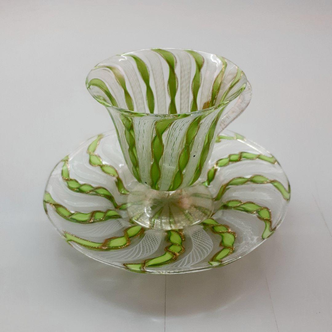 MURANO ムラノ 金彩 グリーン リボン ホワイト レース カップ＆ソーサー