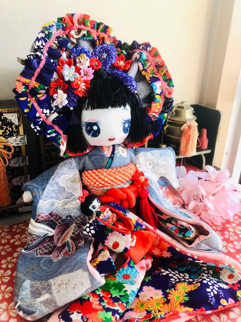 ＊着物 文化人形 お人形 布人形 約30cm &7cmお引きずり着物 古布＊