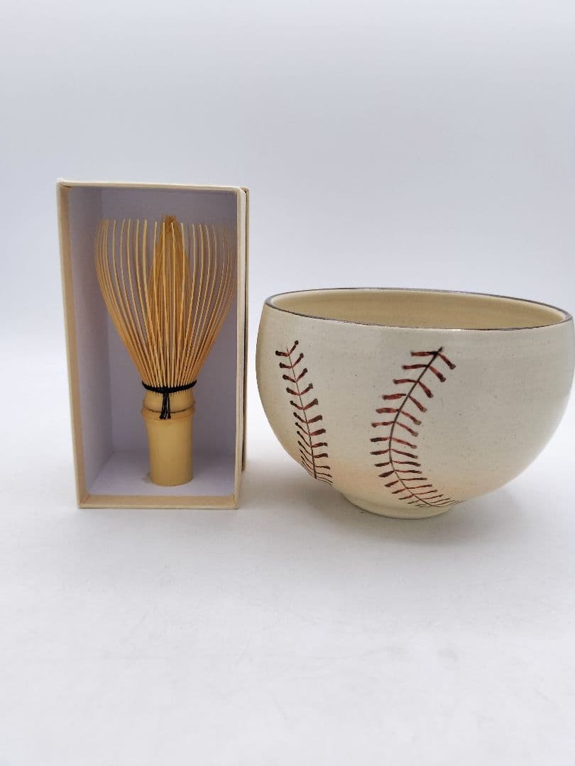 d065【新品・未使用】野球ボール茶碗・国産真茶筌セット 中村良二 木箱 茶道具