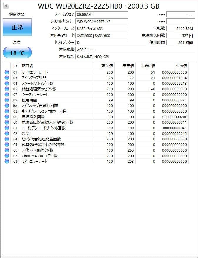 3.5インチ 2TB HDD 801時間 Western Digital