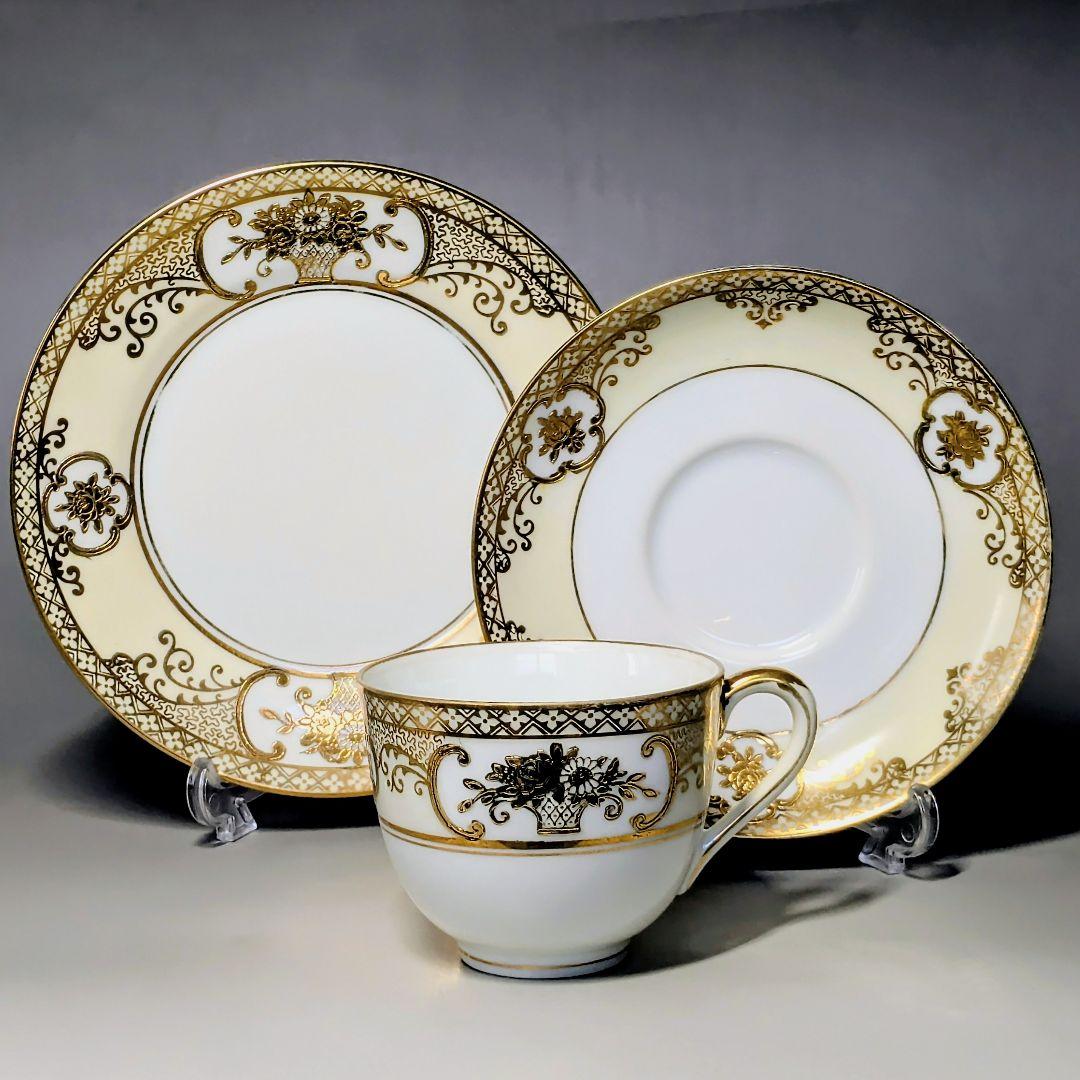 美品✨オールドノリタケ金盛上花籠装飾図紋　キャビネットトリオ マルキ印
