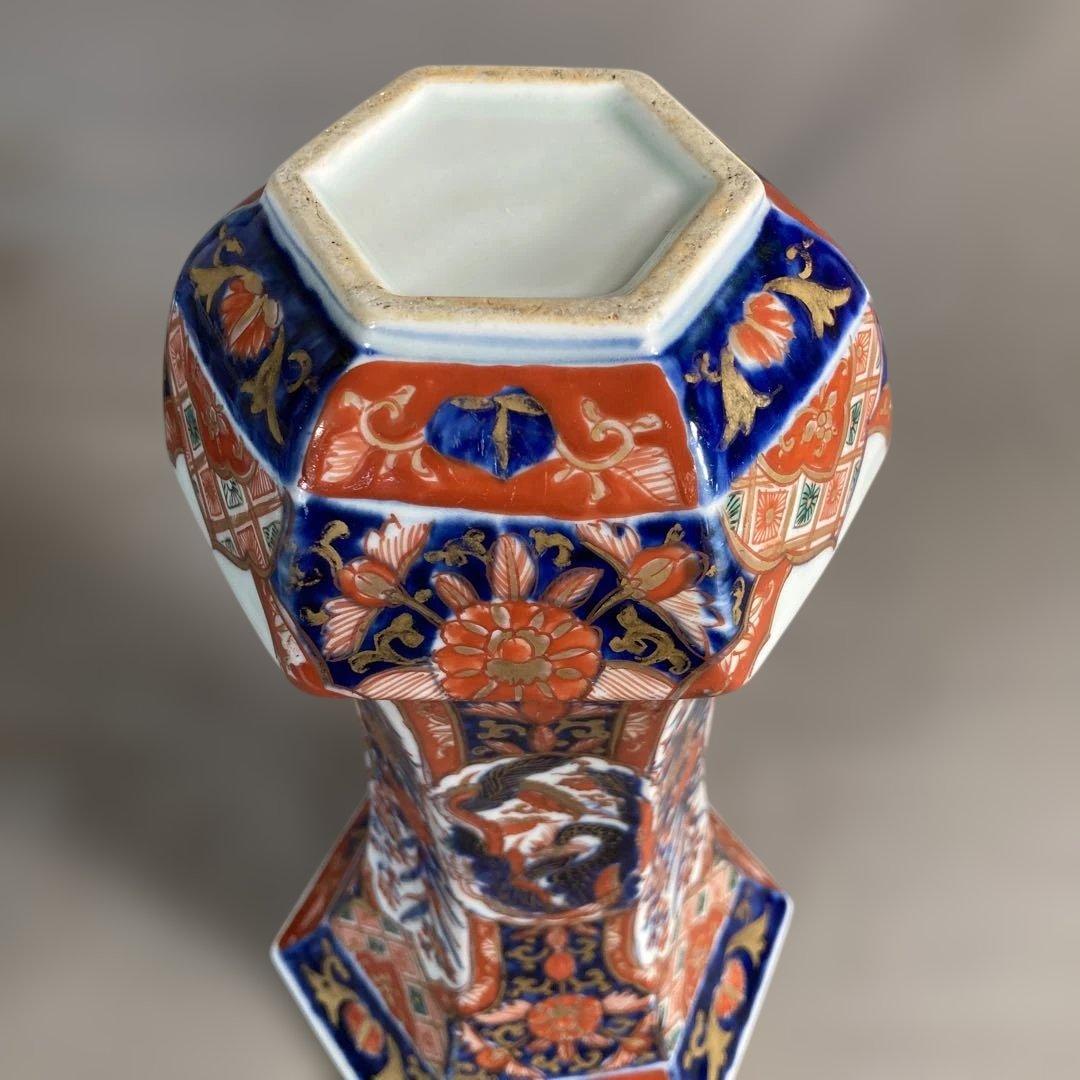 【古伊万里文】古伊万里の伝統　有田古伊万里文　染錦極錦花籠鳳凰絵　六角花瓶