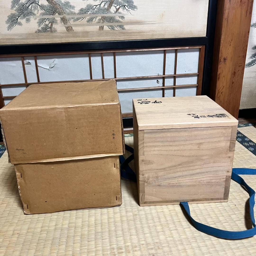 般若勘渓作　雁文筒釜　釜環付き　共箱付き　茶道具