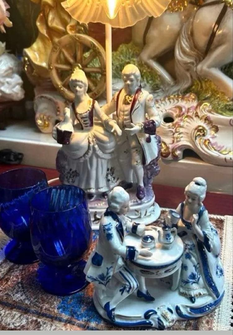 ⚜️19世紀風 陶器の人形カップル2セット(ライト付)＋北一硝子グラス2品⚜️
