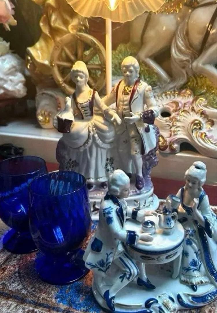 ⚜️19世紀風 陶器の人形カップル2セット(ライト付)＋北一硝子グラス2品⚜️