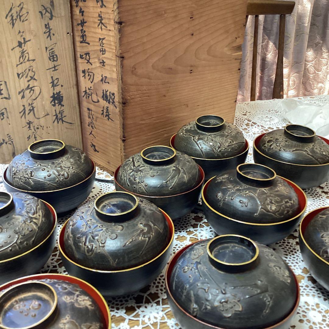 k2f1 会津鉄錆塗（てつさびぬり）10客（明治〜大正時代）漆器 富士山