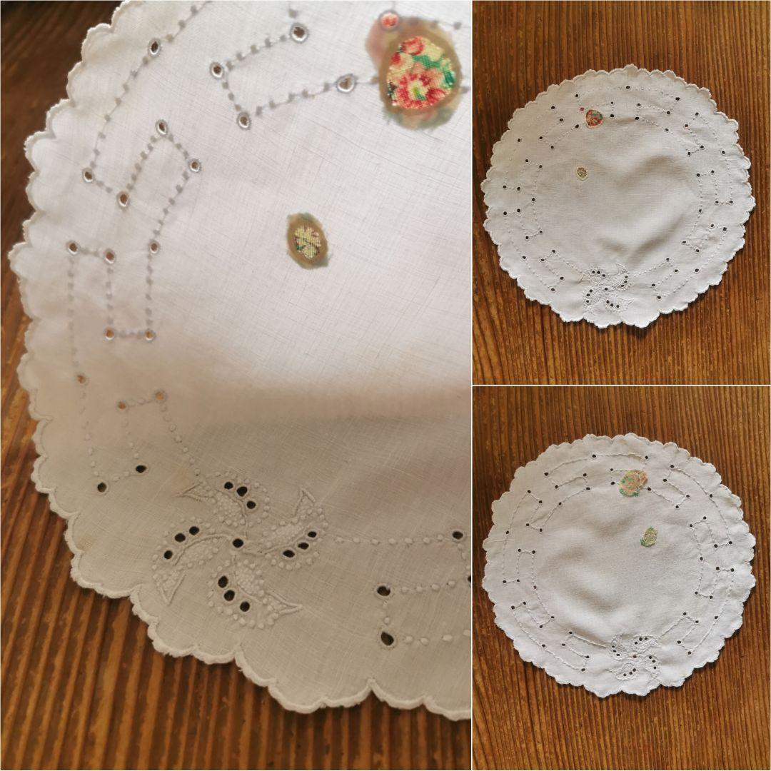 アンティーク アイレット＆風車白糸刺繍 フレンチファブリックアップリケドイリー