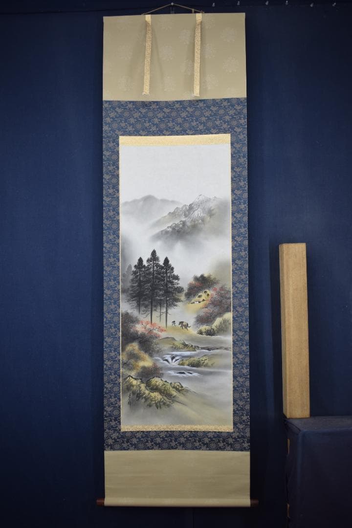 【真作】秀峰/秋山馬子図/秋景山水図/掛軸☆宝船☆Y-479　JM