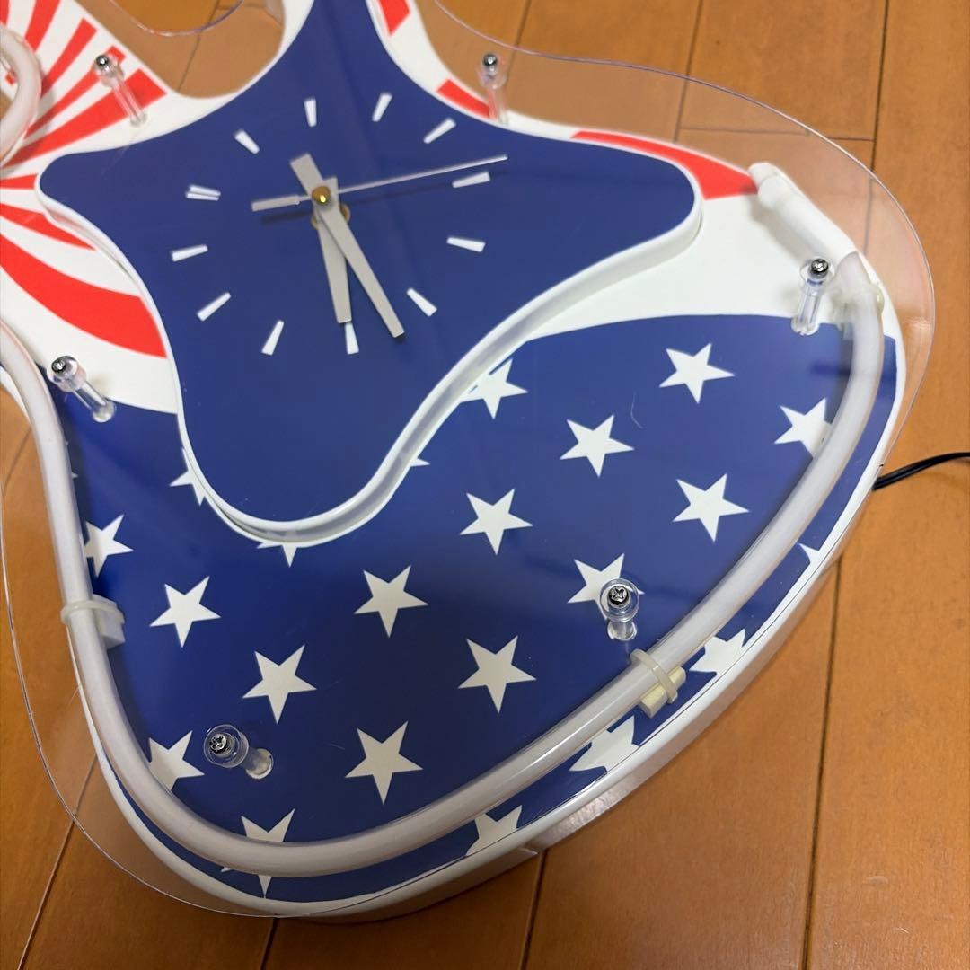 【希少】アメリカン雑貨　ネオンクロック　特大　ギター型　星条旗　掛時計　稼働品