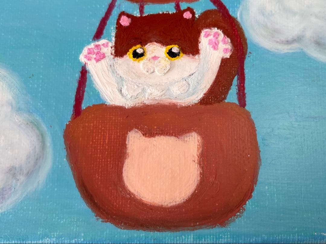 ゆるねこ原画　キャンバスボード　オイルパステル　「お空は気持ちいいね」