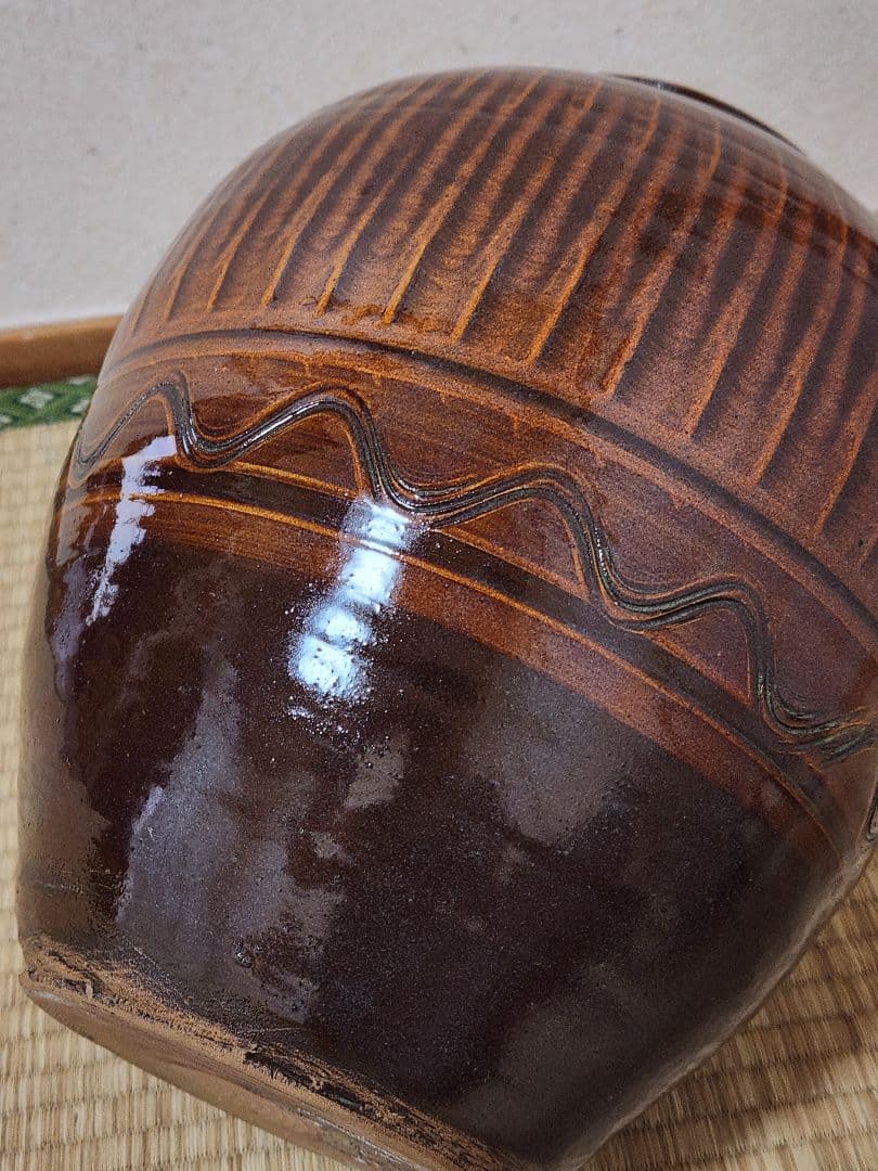 小鹿田焼　飴釉　壺　茶壺